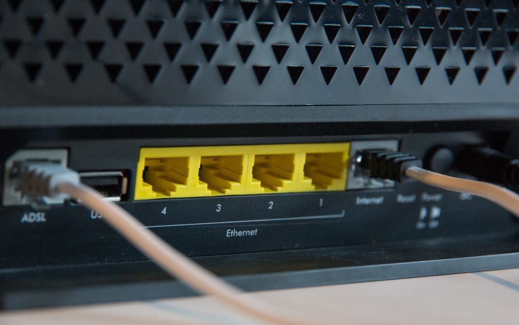 Closeup of ethernet ports on a router
